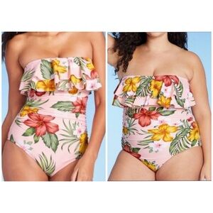 NWT! Kona Sol double flounce high coverage pink floral tropical print one piece